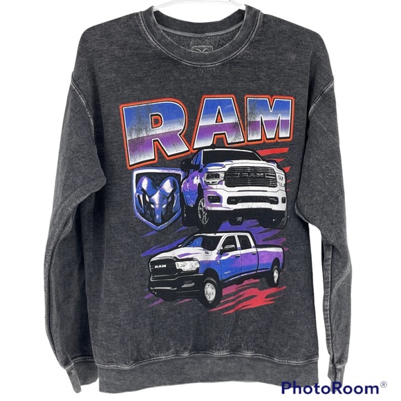 RAM WOMEN’S TRUCK GRAPHIC PULLOVER SWEATSHIRT GRAY ACID WASH MEDIUM - Picture 1 of 4